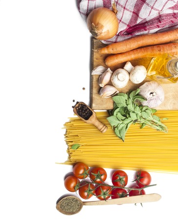 Food frame. Pasta ingredients on white background, copy space, top view.の写真素材