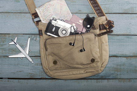 Traveler's accessories, Essential vacation items, Travel concept backgroundadの写真素材
