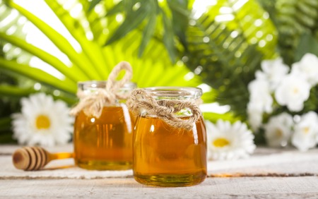 Glass jar of honey with wooden drizzler and chomomile on a white wooden table and green leaves background.の写真素材