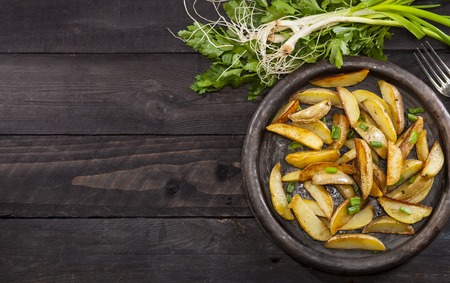 Baked potato wedges with chives. Homemade organic vegetable vegan vegetarian potato wedges snack food. Top viewの写真素材