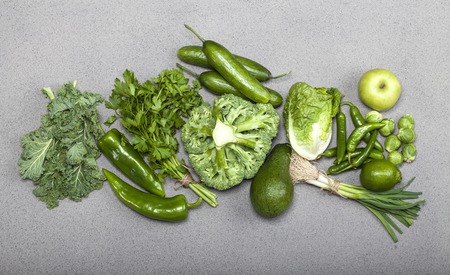 Green health food, fruits and vegetables. Top view with copy space.