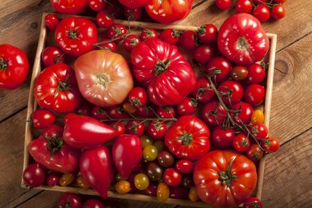 Tomatoes on rustic wooden background top viewの写真素材