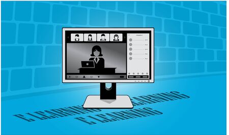 COMPUTER VECTOR ILLUSTRATION E LEARNING CONCEPT, ISOLATED MONITOR- GRADIENT BACKGROUND WITH KEYBOARD TEXTURE ON BACKのイラスト素材