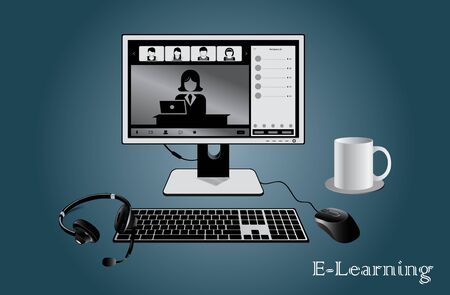 E learning Computer vector illustration, Realistic computer attached with monitor, keyboard, Head set, and Mouse , Isolated gradient back groundのイラスト素材