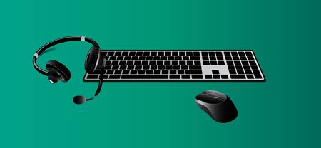 headset, keyboard and mouse vector illustration isolated gradient backgroundのイラスト素材
