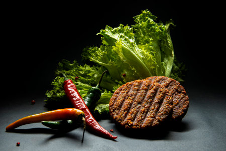 grilled hamburger with chili pepper and green lettuce on black backgroundの写真素材