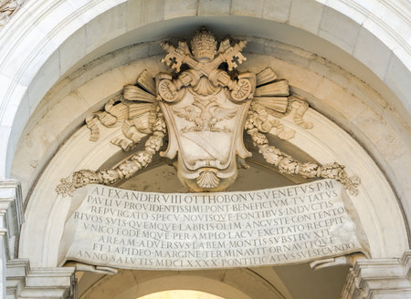 The coat of arms and the inscription on the table on Fontanone dell'Acqua Paola Rome Italyのeditorial素材