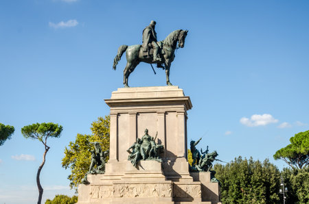 Monument to the great military leader Giuseppe Garibaldi, who sits on the horse in a square in Rome, Italyのeditorial素材