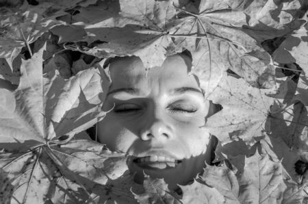 Face of a young woman with a beautiful girl lips with red lipstick and painted lashes which lies in the yellow maple leaves in autumn parkの写真素材