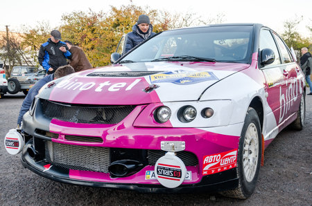 Lviv, Ukraine - Otober 2015: A racing car for the rally in a closed garage before the start of the raceのeditorial素材