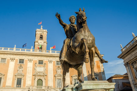 Bronze monument to Emperor Marcus Aurelius on horseback, on Capitolium square in Rome, Italyのeditorial素材