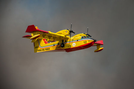 ROMA, ITALY - JULY 2017: Firefighting aircraft Bombardier CL-415 in an emergency situation, during a...