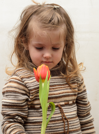 Happy baby girl rejoices and smiles with a bouquet of multi-colored tulips in handsの写真素材