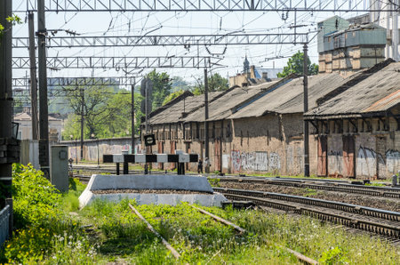 LVIV, UKRAINE - MAY 2018: Deadlock on the rails of the railway stationのeditorial素材