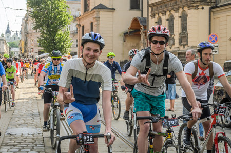 LVIV, UKRAINE - MAY 2018: A cyclone in a bicycle ride in the center of the city on a bright, sunny summer dayのeditorial素材