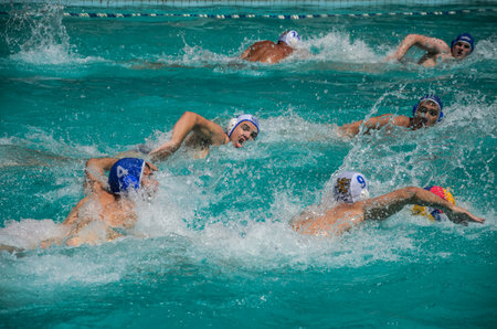LVIV, UKRAINE - JUNE 2018: Athletes play in the pool in water poloのeditorial素材