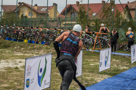 UKRAINE, LVIV - SEPTEMBER 2018: The athlete in the traning of the triathlon competitionのeditorial素材