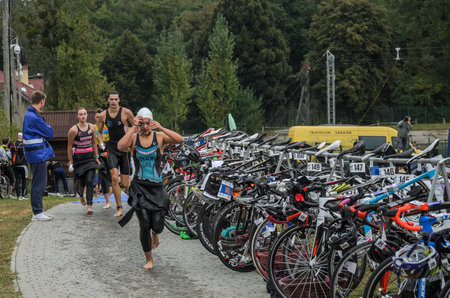UKRAINE, LVIV - SEPTEMBER 2018: The athlete in the traning of the triathlon competitionのeditorial素材