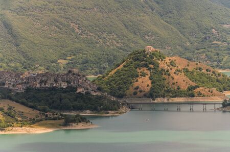 Mountain lake Lago del Turano near Rieti in Italyの写真素材