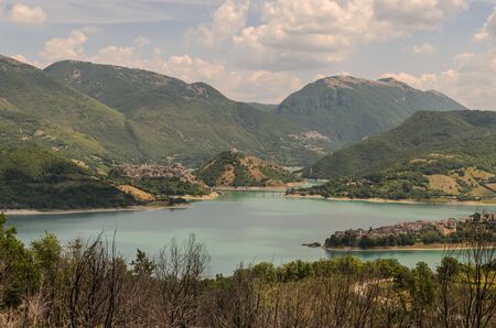 Mountain lake Lago del Turano near Rieti in Italyの写真素材