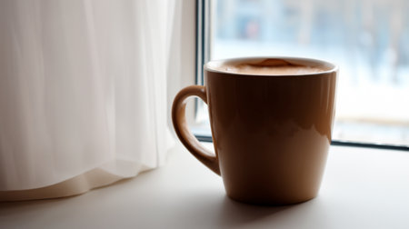 Coffee cup on window sill in morning light, stock photoの素材