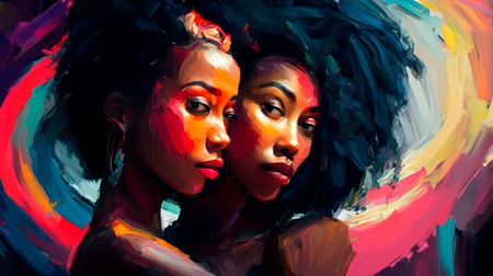 Portrait of two beautiful African American women with creative make-up.の素材