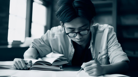 young Asian man studying in the library. black and white toneの素材