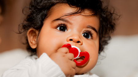 Portrait of cute Indian baby girl playing with red pacifierの素材