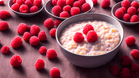 Oatmeal porridge with raspberries in a bowl on a wooden backgroundの素材
