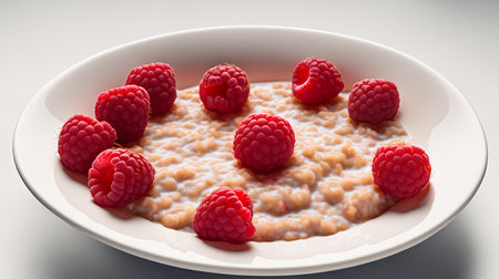 Oatmeal porridge with raspberries in a plate on a white backgroundの素材