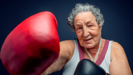 Portrait of a happy senior woman with boxing gloves on blue backgroundの素材