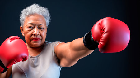 Portrait of an old woman with boxing gloves on a dark backgroundの素材