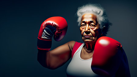 Portrait of a senior African American woman wearing boxing gloves.の素材