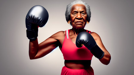 African american senior woman wearing boxing gloves. Sport and healthy lifestyle concept.の素材