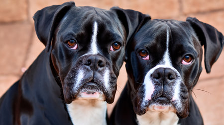 Portrait of two black and white boxer dogs looking at the cameraの素材