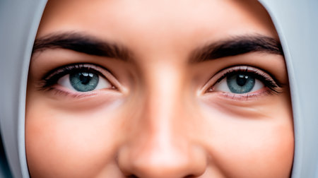 Close up portrait of a beautiful young woman with blue eyes looking at cameraの素材