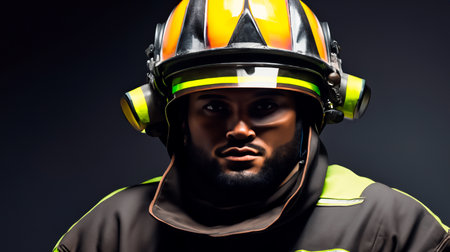 Portrait of a firefighter in a protective suit and helmet on a dark background.の素材