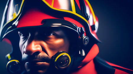 Close-up portrait of a man in a helmet of a firefighter.の素材