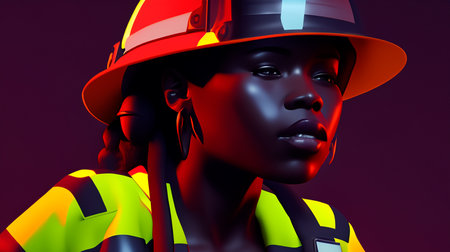 3D rendering of a female African American firefighter wearing a hardhatの素材