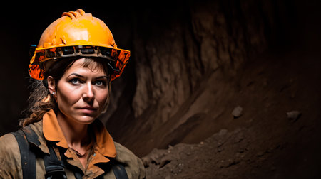 Portrait of a female miner in a mine on a dark backgroundの素材