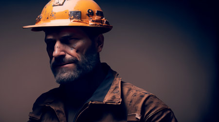 Portrait of a bearded worker wearing a hard hat and jacket.の素材