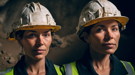 Portrait of two female workers in hardhats looking at cameraの素材