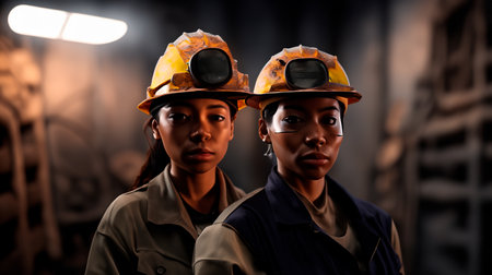 Portrait of two young female industrial workers in hardhat and safety helmets standing in a factory.の素材