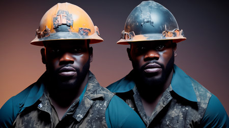 African american soldiers with hard hats. Studio shot over dark background.の素材