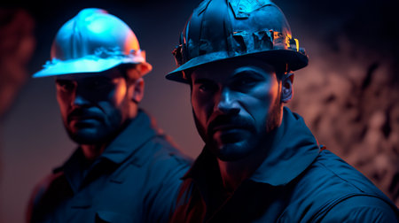 Portrait of two industrial workers in hardhats and helmets over dark background.の素材