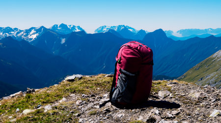 Hiking backpack on the top of a mountain in the Swiss Alpsの素材