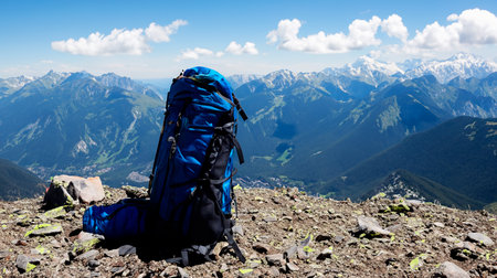 Hiking in the mountains with a backpack and tent on the topの素材