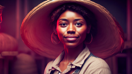 Portrait of a beautiful African-American woman in a hat. Beauty, fashion.の素材