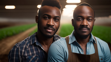 Portrait of two young African American farmers standing together in agricultural fieldの素材