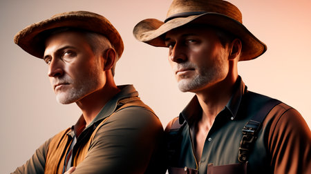 Two men in cowboy hats standing back to back and looking at camera.の素材
